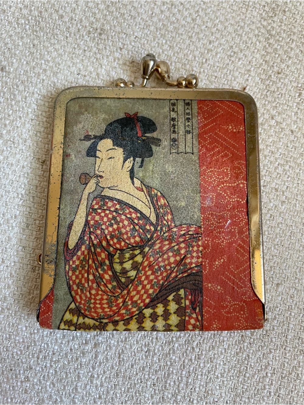 Vintage Japan Ukiyo-e Inspired Kiss Lock Embroidery Purse 3.5"